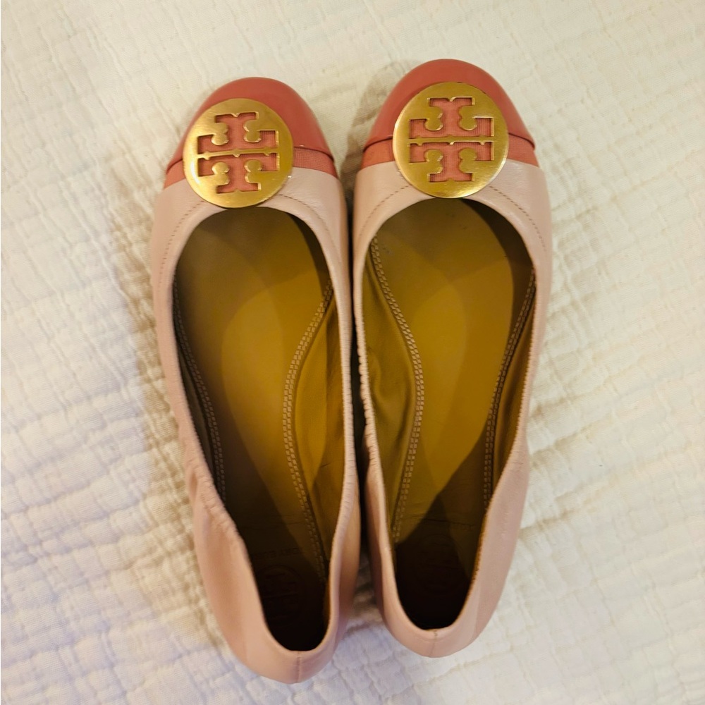 Tory Burch Pink and Gold Flats with Emblem